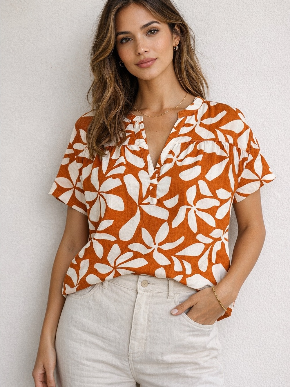 Women's Short-Sleeve Split-Neck Blouse in Orange and White